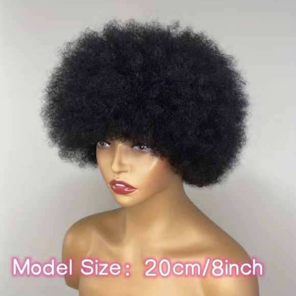 Natural Brazilian Human Hair Afro Kinky Curly Wig with Bangs - Picture 4 of 8
